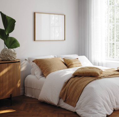 Ev yapımı, sade konforlu sahil yatak odası iç plan, 3D görüntüleme.