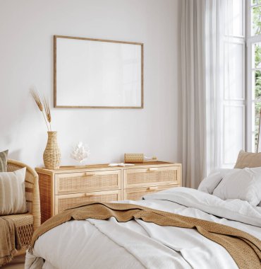 Çerçeveyi ev içi arka planda, rahat yatak odasını doğal rattan mobilyalarla, 3D görüntüleme.