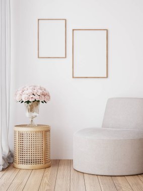 Çerçeveyi ev içi arka planda, rahat yatak odasını doğal rattan mobilyalarla, 3D görüntüleme.