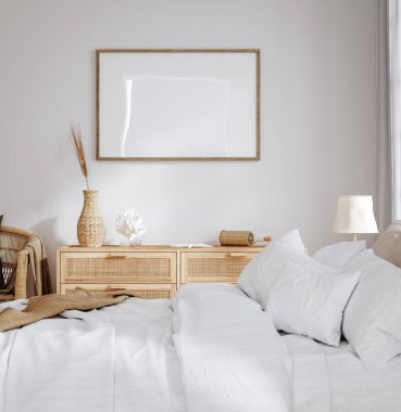 Çerçeveyi ev içi arka planda, rahat yatak odasını doğal rattan mobilyalarla, 3D görüntüleme.