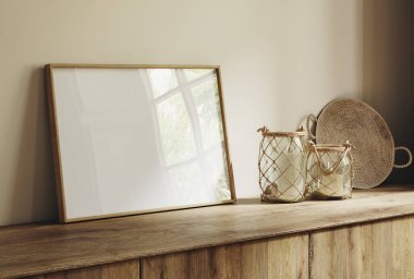 Çerçeve modeli, bej renkli, rahat bir odada mumlarla yakın plan, 3D görüntüleme.