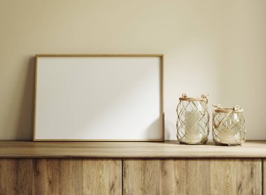 Çerçeve modeli, bej renkli, rahat bir odada mumlarla yakın plan, 3D görüntüleme.