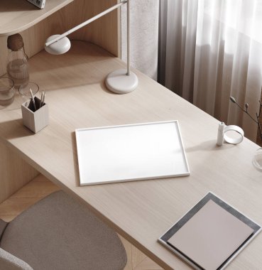 Poster ev içi ofis içi arka plan, modern tavan arası tarzı, 3D çizim