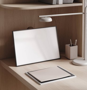 Poster ev içi ofis içi arka plan, modern tavan arası tarzı, 3D çizim