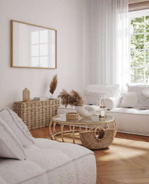 Çerçeve modeli, beyaz modern iç mekan, rattan mobilya ve pampa, 3 boyutlu.