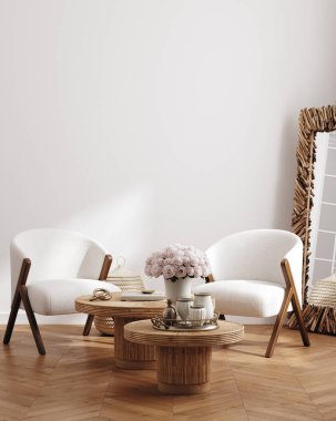 Modern iç mekanda duvar modeli, modern mobilyaları olan beyaz oda, 3D görüntüleme.