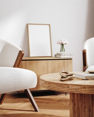 Modern iç dekorasyonda model çerçeve, çağdaş mobilyaları olan beyaz oda, 3D görüntüleme