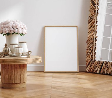 Modern iç dekorasyonda model çerçeve, çağdaş mobilyaları olan beyaz oda, 3D görüntüleme