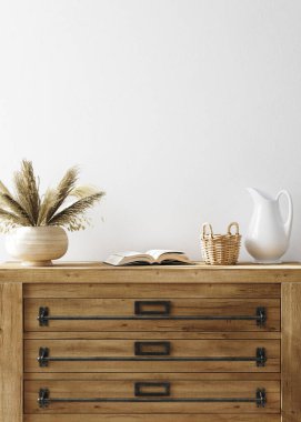 Duvar, mutfak iç dekorasyonu, çiftlik evi tarzı, 3D görüntüleme.