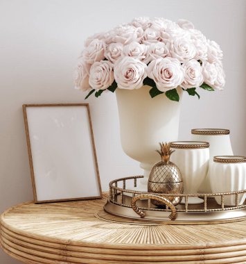 Modern iç dekorasyonda model çerçeve, çağdaş mobilyaları olan beyaz oda, 3D görüntüleme