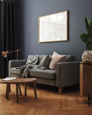 Oturma odasının iç tarafında sehpası ve dekorasyonu olan basit minimalist rahat kanepe.