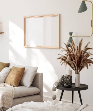 İç planda model çerçeve, beyaz nötr oda, Scandi-Boho tarzı, 3D canlandırma