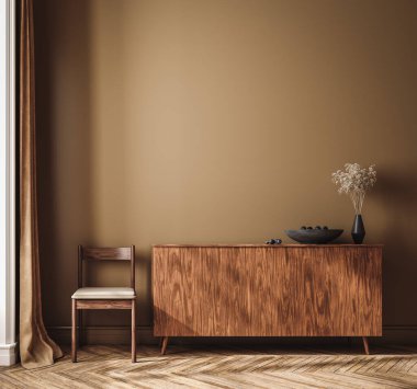 Oturma odasındaki dekorlu klozet, koyu kahverengi duvar arka plan, 3 boyutlu görüntüleme