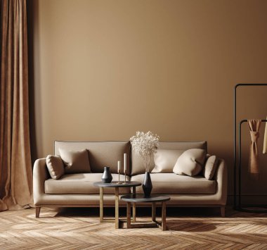 İçinde kahverengi kanepe ve vazoda kuru bitki bulunan modern ev yapımı.