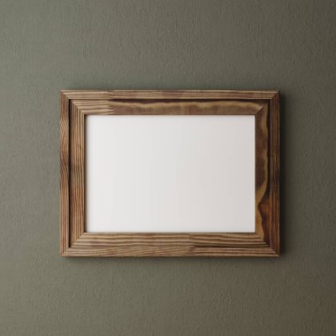 A4 kağıt boyutunda poster çerçeve modeli. Duvara yakın. Koyu yeşil renk, eski ahşap çerçeve.