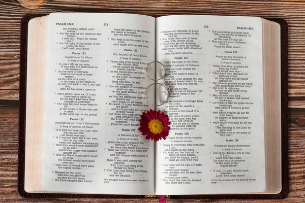 Open Holy Bible Book with two wedding rings and flower. Top table view. A close-up. Love, faithfulness, strong Christian relationship, and blessing from God Jesus Christ, biblical concept.