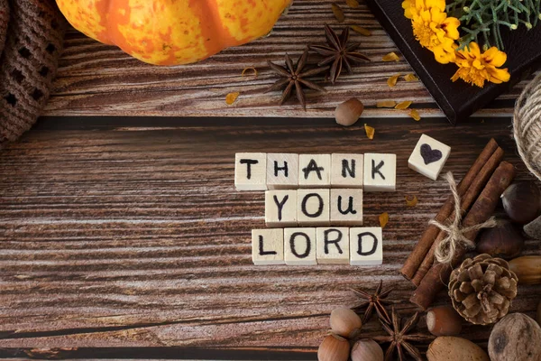 Thank You LORD text written on wooden cubes on rustic background with autumn fruit and closed Holy Bible book with copy space. Top table view. Christin thanksgiving and praise to God Jesus Christ.