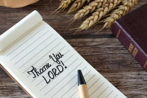 Thank you, LORD, handwritten quote in a notebook with pen, bible book, and ripe wheat stalks on wooden table. Close-up. Christian thanksgiving, gratitude, and blessing from God Jesus Christ concept.