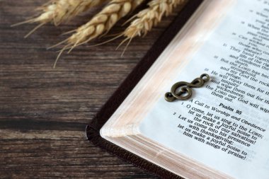 İbadet ve İbadet, kutsal kitap İncil 'de İsa' nın ayetleridir. Mezmur 95, ahşap masa üzerinde antika buğday anahtarı ve üç misli anahtarla. Yakın plan. Hristiyan neşeli şarkı, övgü ve kutsama konsepti.