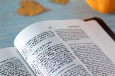 Ruhun Meyvesi, arka planda balkabağı ve sonbahar yaprakları olan açık kutsal İncil kitabında. Yakın plan. Aşk, neşe, barış, Hıristiyan ruhani hediyeler, Galatyalılar 5 kutsal kitap, İncil konsepti.