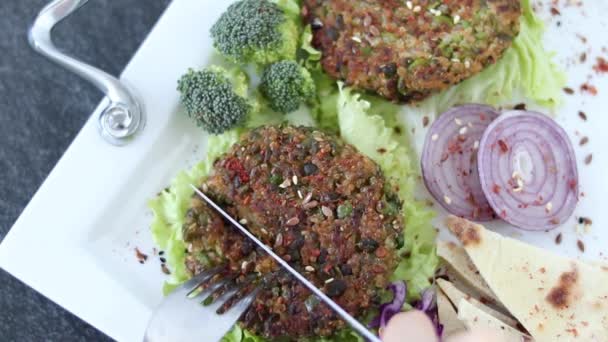 Cutting Vegan Burger Patty Plant Based Meat Cooked Quinoa Green — Stock Video