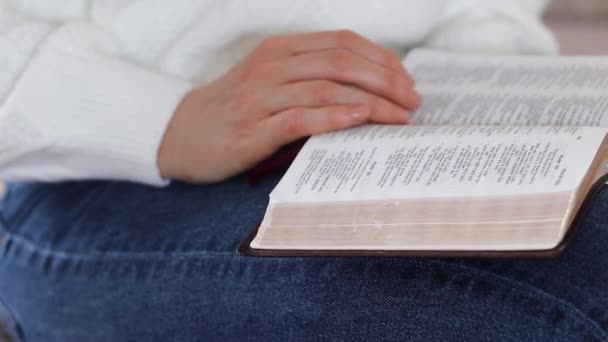 Person Reading Studying Open Holy Bible Book Close Selective Focus — Stock Video