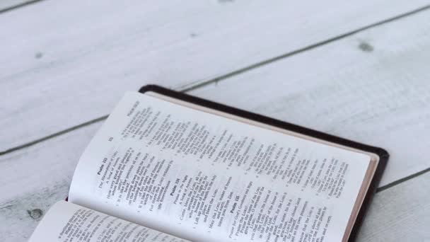 기독교 여성은 아침에 커피를 마시는 성경을 공부하고 있습니다 클로즈업 — 비디오