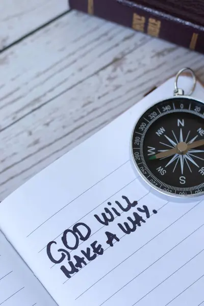 God Make Way Handwritten Quote Notebook Compass Holy Bible Book — Stock Photo, Image