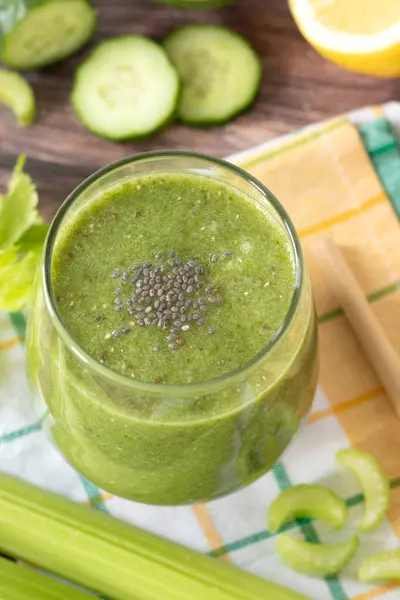 Green Smoothie Chia Seeds Celery Cucumber Lemon Glass Top Table — Stock Photo, Image