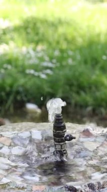 Parktaki temiz içme suyu çeşmesi. Dikey video. Yakın plan..