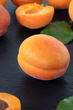 Koyu arkaplanda olgun bir kayısı. Yakın plan. Seçici odak.