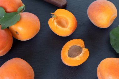 Koyu arkaplanda taze kayısılar. Üst görünüm.