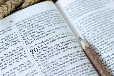 On emir açık kutsal İncil 'de yazılı. Yakın plan. Hristiyan sadakati ve Tanrı 'ya olan inanç, İncil' deki kavram..