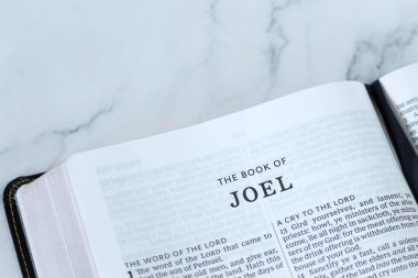 Joel 'in beyaz mermer arka plan üzerine İncil kitabı. Uzayı kopyala Hıristiyan İncili kavramı.