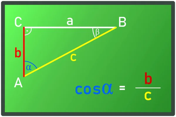 Υπολογισμός Της Λειτουργίας Cos Ένα Ορθογώνιο Τρίγωνο Στον Πράσινο Πίνακα — Διανυσματικό Αρχείο