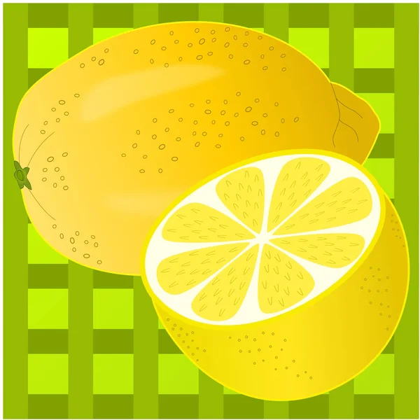 全体のレモンと緑の縞模様の背景にレモンの半分をカット — ストックベクタ
