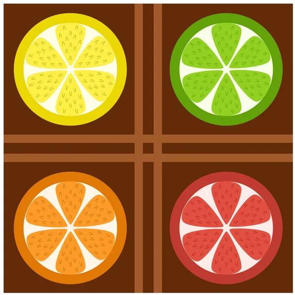 茶色の背景 レモン ライム オレンジ グレープフルーツの4つの象徴的なホイール — ストックベクタ