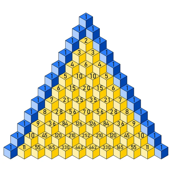 Pascals Dreieck Einem Blau Gelben Dreieck Für Zahlenkombinationen Bis Elf — Stockvektor