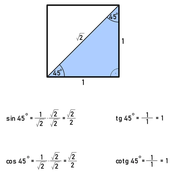 Derivando Los Valores Las Funciones Trigonométricas Para Cuarenta Cinco Grados — Archivo Imágenes Vectoriales