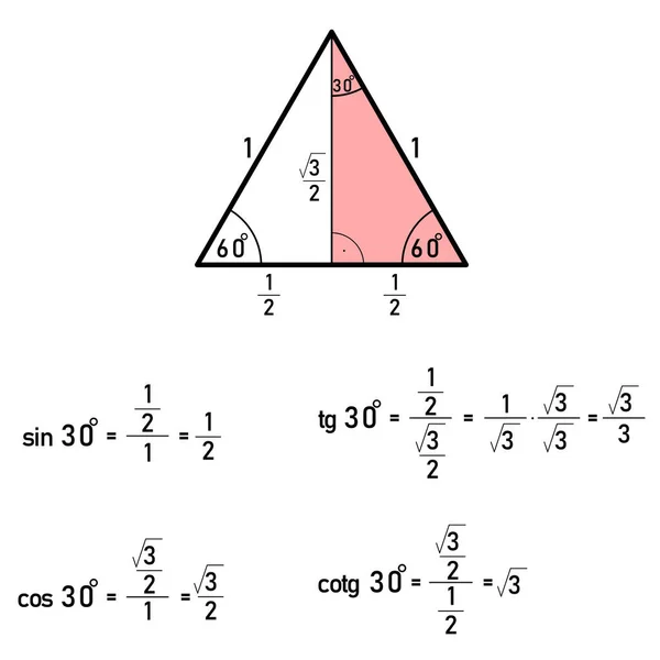 Bir Üçgen Kullanarak Otuz Derece Trigonometrik Fonksiyonların Değerlerini Türetmek — Stok Vektör