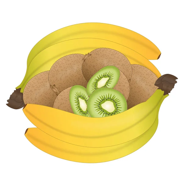 Koš Plný Kiwi Celý Nakrájený Ohraničený Banány — Stockový vektor