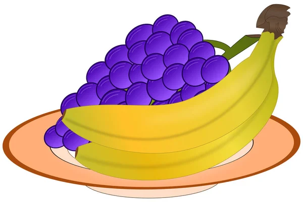 Hrozny Fialového Vína Dva Banány Oranžovém Talíři — Stockový vektor