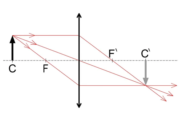 接合レンズの光学表面の中央に配置された物体の画像のグラフィカルな構成 — ストックベクタ