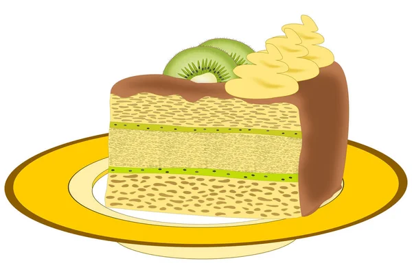 黄色のプレート上にキウイピース チョコレートの霜降りとホイップクリームとケーキのピース — ストックベクタ