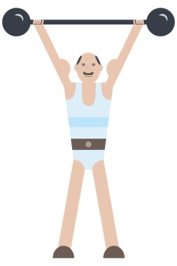 Vücut geliştirme sembolü - gülümseyen yaşlı bir adam halteri kaldırır ve düzgün bir pazısı vardır.