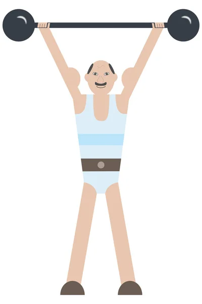 Bodybuilding Σύμβολο Ένα Χαμογελαστό Ηλικιωμένος Άνδρας Σηκώνει Ένα Barbell Και — Διανυσματικό Αρχείο