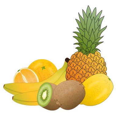 Egzotik meyveler - muz, ananas, portakal, limon ve kivi