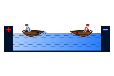 İki zıt yükün, zıt yüklerle dolu bir su tankı ve tekneler kullanılarak çekilişinin grafiksel gösterimi