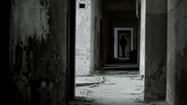 Abandoned Corridor Building Man Danger Horror Dangerous Places — Stock Video