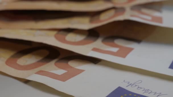 Cinquanta Euro Ruotano Vicino Sulle Banconote Immagine Altamente Dettagliata Della — Video Stock